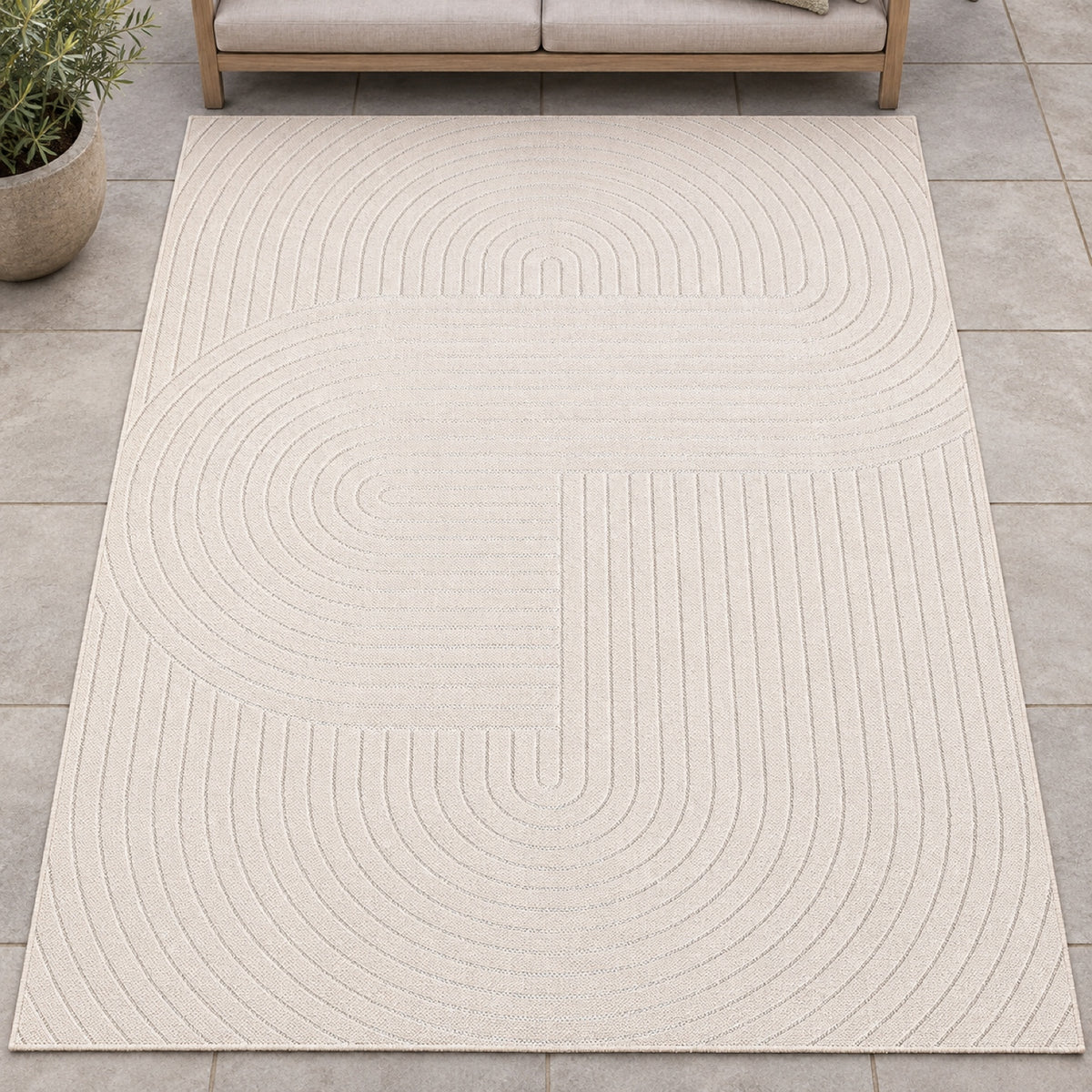 Vloerkleed Tenerife Plus 54221 Crème – Geweven met Jute Rugzijde – sfeerimpressie op het terras
